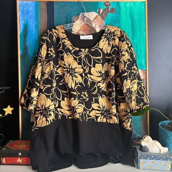 Dominica Maazur Tops - Elegant Black and Gold Floral Women's Blouse XL Hi Low